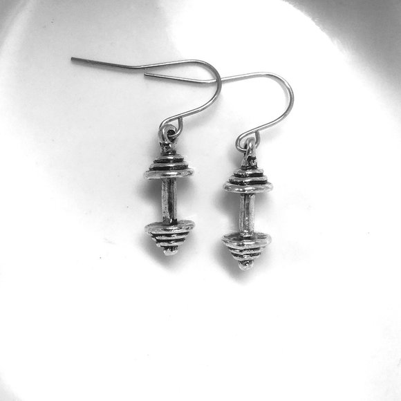 Miniature Tiny Barbell Excercise Workout Weight Fitness Gym Strength Earrings - Picture 2 of 2